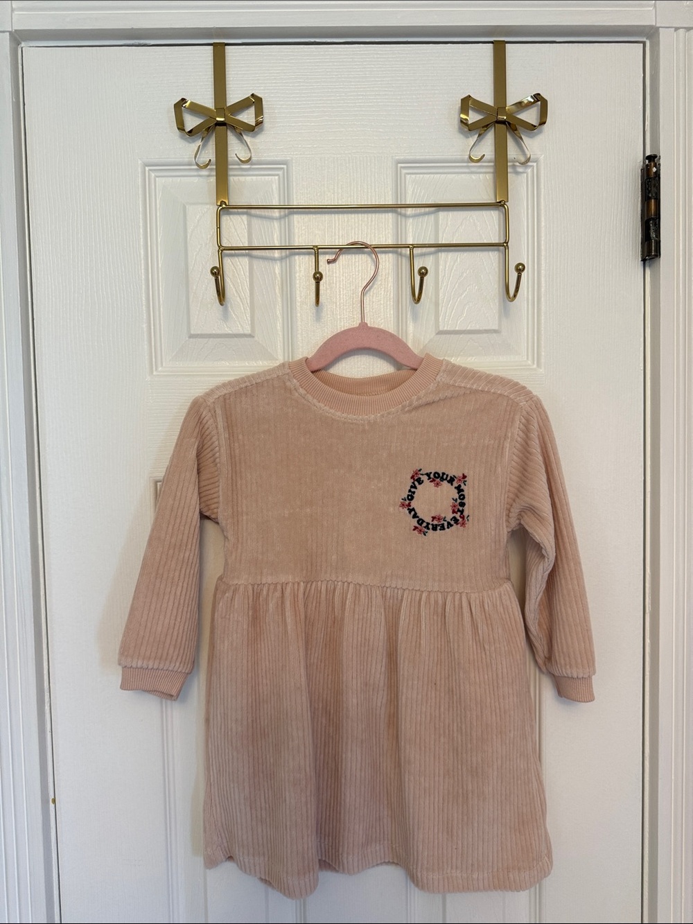 Zara Blush Pink Corduroy Long-Sleeve Dress with Embroidered Detail